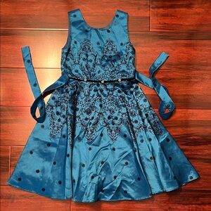 Jona Michelle Blue Black Flocked Floral Special Occasion Dress Girl's Size 8